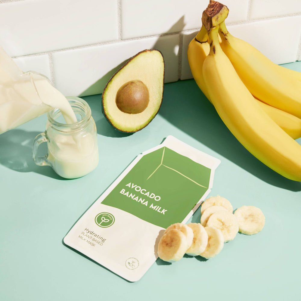 Avocado Banana Milk Hydrating Plant - Based Milk Sheet Mask: With Peg Hole - Pretty by Her - handmade locally in Cambridge, Ontario