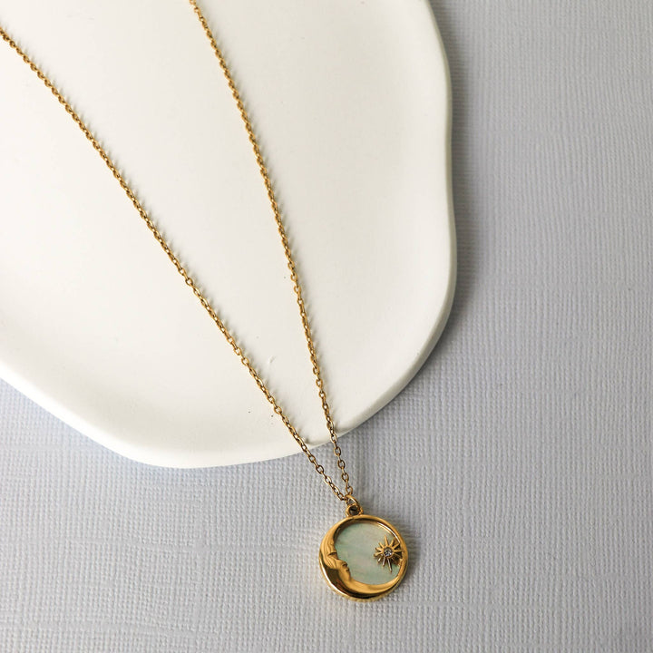 Luo 18K Gold Plated Mother - of - Pearl Moon & Star Necklace - Pretty by Her - handmade locally in Cambridge, Ontario