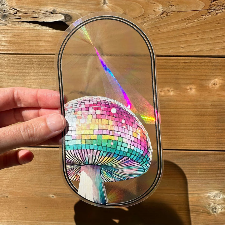 Mirrorball Mushie Suncatcher Sticker - Pretty by Her - handmade locally in Cambridge, Ontario