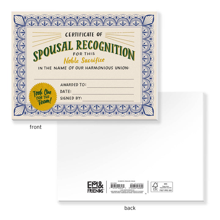 Spousal Recognition Certificate Notepad (Refresh) - Pretty by Her - handmade locally in Cambridge, Ontario